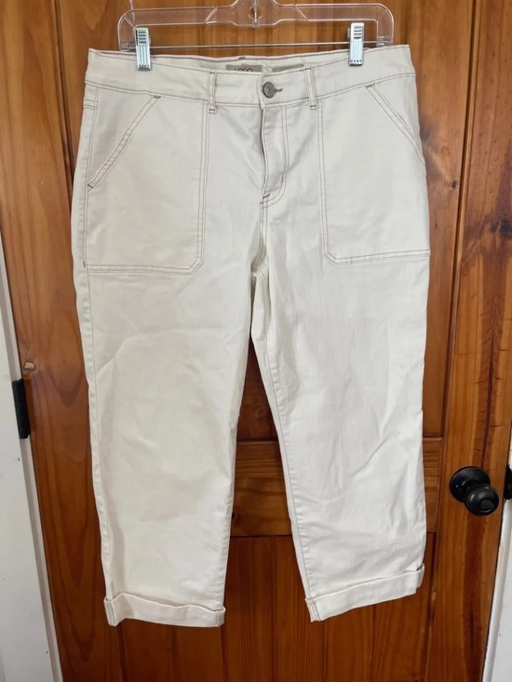 LOGO by Lori Goldstein Cream Boyfriend Cropped Utility Cargo Jeans 12Petite